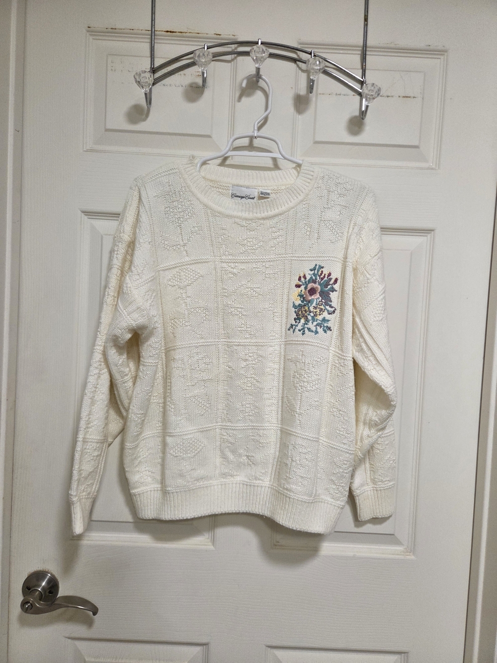 Vintage Carriage Court Floral Embroidered Patchwork Sweater Cream Large Grannyco